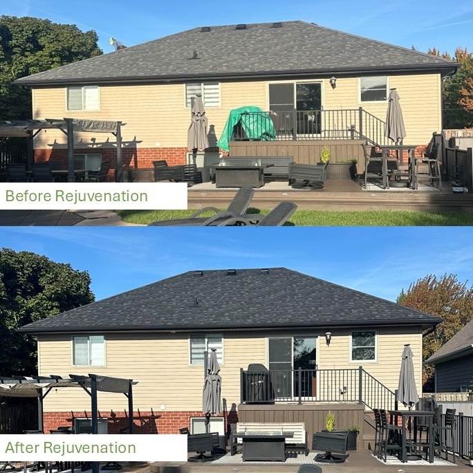 House shown before and after roof rejuvenation treatment