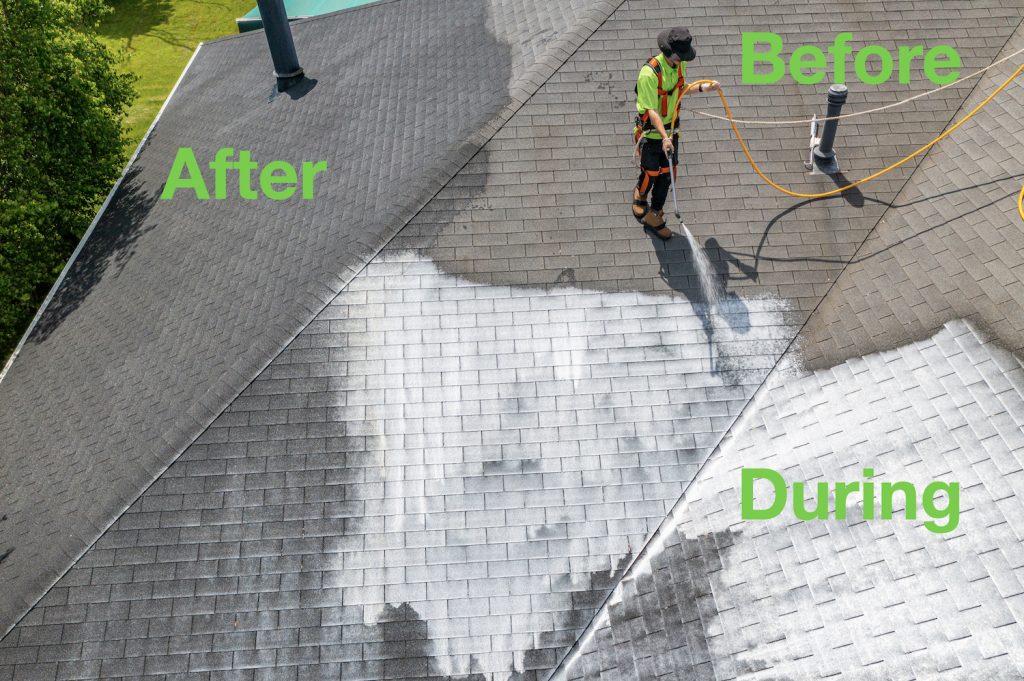 Aerial view of a technician spraying the rejuvenation treatment across a roof, showing before, during, and after