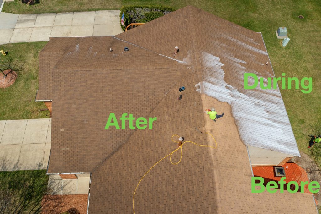 Aerial view of a home with part of the roof treated and part untreated