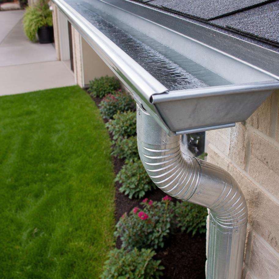 Clean gutters with water flowing through the downspout