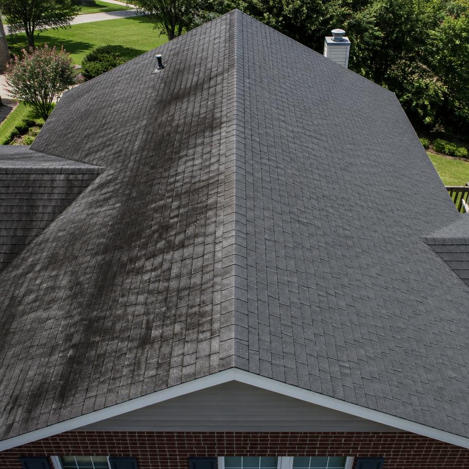 Roof soft washing: algae-stained shingles next to freshly cleaned shingles